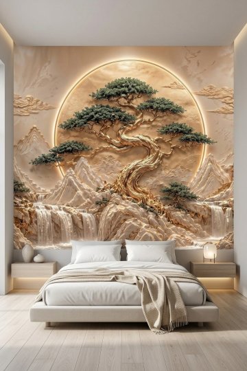 Dreamwall Altın Ufkun Koruyucusu-Kabartmalı Gold Ağaç ve Ay Desenli Tek Parça Tekstil Duvar Kağıdı 