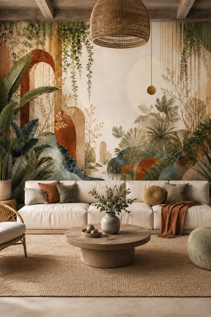 Dreamwall Altın Ufuk Bahçeleri Boho Botanik Desenli Tek Parça Tekstil Duvar Kağıdı