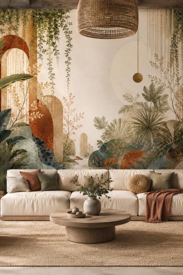 Dreamwall Altın Ufuk Bahçeleri Boho Botanik Desenli Tek Parça Tekstil Duvar Kağıdı küçük görsel 2