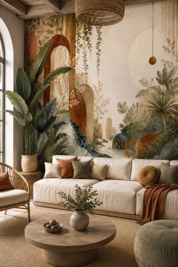 Dreamwall Altın Ufuk Bahçeleri Boho Botanik Desenli Tek Parça Tekstil Duvar Kağıdı küçük görsel 3