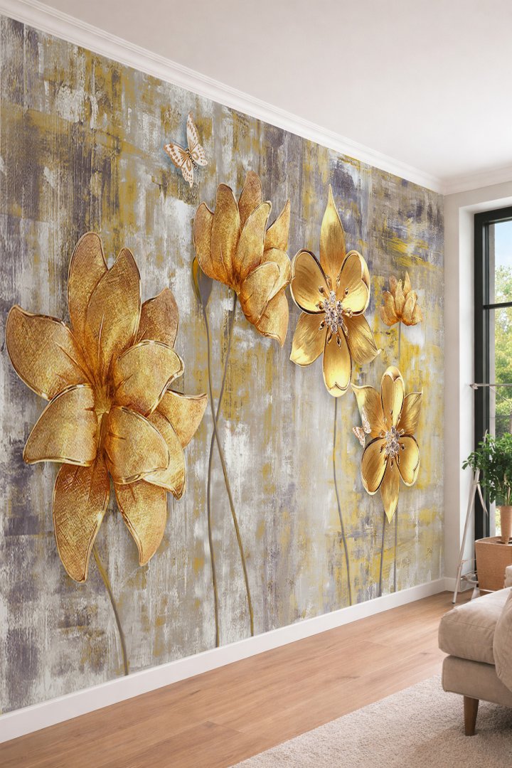 Dreamwall Altın Varaklı 3D Efektli Soyut Sanat Temalı Çiçekler - Tek Parça Tekstil Duvar Kağıdı