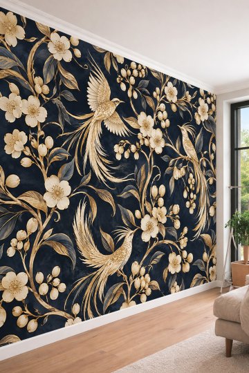 Dreamwall Altın Yaldızlı Çiçekler ve Cennet Kuşu Motifli Lüks Tek Parça Tekstil Duvar Kağıdı  küçük görsel 1