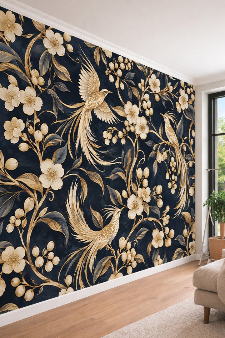 Dreamwall Altın Yaldızlı Çiçekler ve Cennet Kuşu Motifli Lüks Tek Parça Tekstil Duvar Kağıdı 