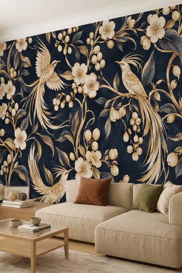 Dreamwall Altın Yaldızlı Çiçekler ve Cennet Kuşu Motifli Lüks Tek Parça Tekstil Duvar Kağıdı  küçük görsel 2