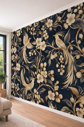 Dreamwall Altın Yaldızlı Çiçekler ve Cennet Kuşu Motifli Lüks Tek Parça Tekstil Duvar Kağıdı  küçük görsel 3
