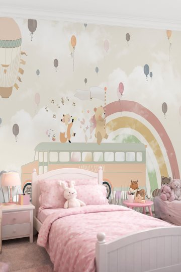 Dreamwall Animals School Otobüsü ve Gökkuşağı Temalı Tek Parça Tekstil Duvar Kağıdı