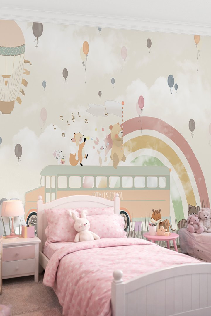 Dreamwall Animals School Otobüsü ve Gökkuşağı Temalı Tek Parça Tekstil Duvar Kağıdı