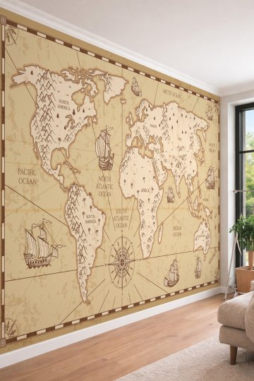 Dreamwall Antik Görünümlü Eskitme Dünya Haritası - Nostaljik ve Dekoratif Tekstil Duvar Kağıdı