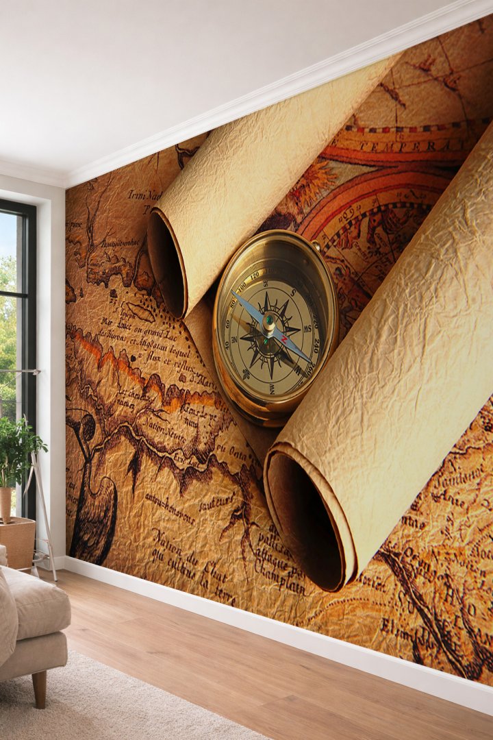 Dreamwall Antik Harita ve Pusula - Ofis ve Çalışma Odası İçin Tek Parça Tekstil Duvar Kağıdı