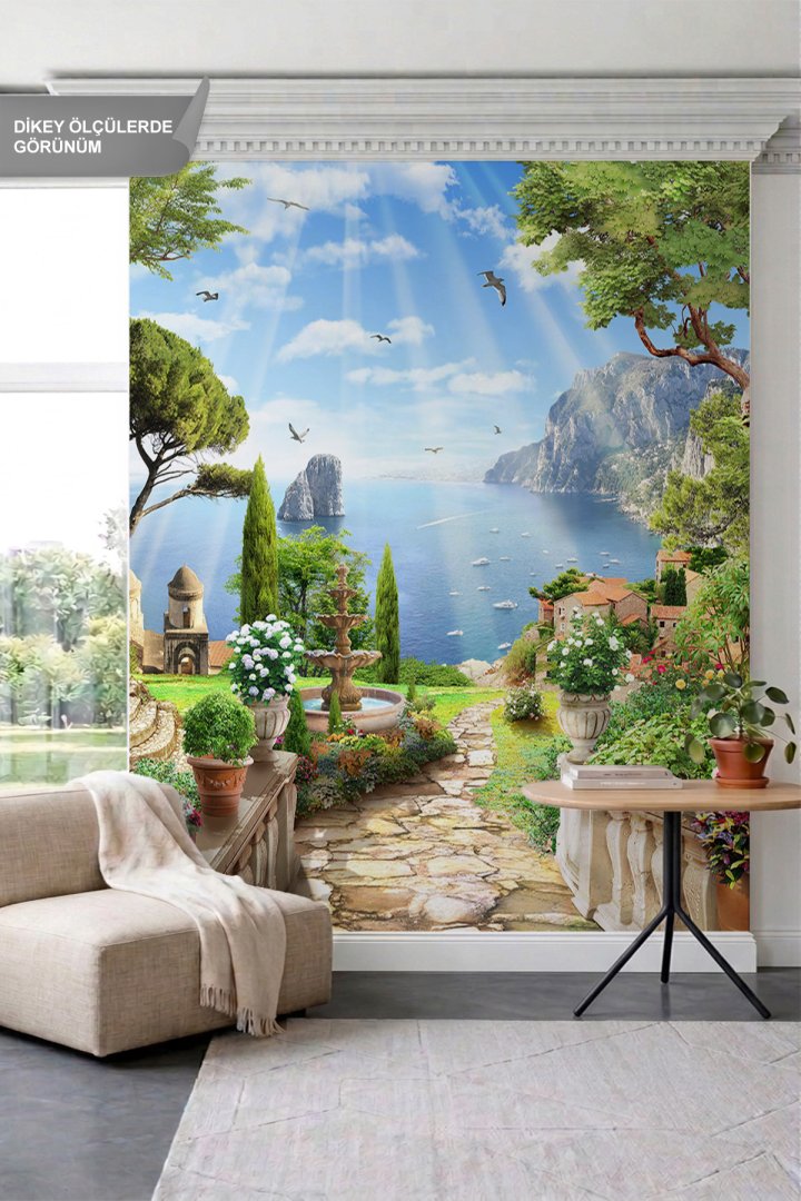 Dreamwall Antik Heykelli Taş Kemerler, Sarmaşıklar ve Tarihi Yapı Manzaralı Tek Parça Tekstil Duvar...