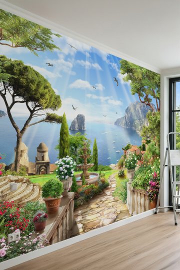 Dreamwall Antik Heykelli Taş Kemerler, Sarmaşıklar ve Tarihi Yapı Manzaralı Tek Parça Tekstil Duvar Kağıdı küçük görsel 2