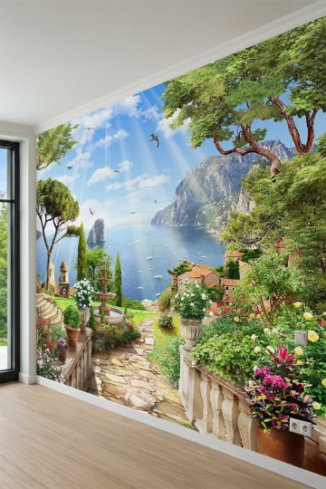 Dreamwall Antik Heykelli Taş Kemerler, Sarmaşıklar ve Tarihi Yapı Manzaralı Tek Parça Tekstil Duvar Kağıdı küçük görsel 3
