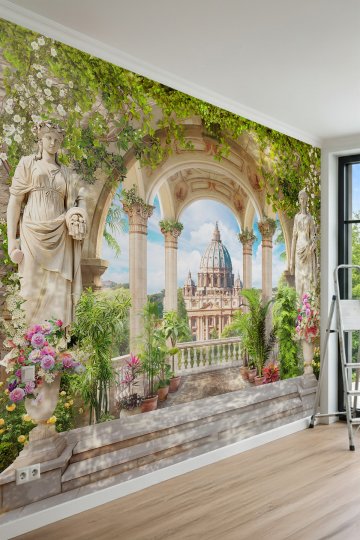 Dreamwall Antik Heykelli Taş Kemerler, Sarmaşıklar ve Tarihi Yapı Manzaralı Tek Parça Tekstil Duvar Kağıdı küçük görsel 2