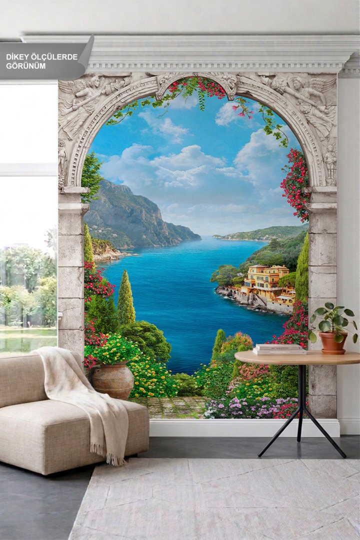 Dreamwall Antik Kabartma Sütunlu Kemer, Deniz ve Sahil Kasabası Tek Parça Tekstil Duvar Kağıdı