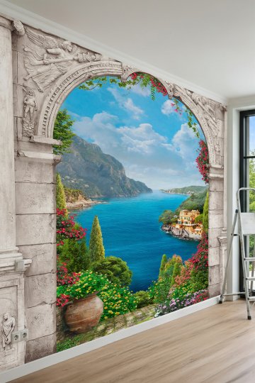 Dreamwall Antik Kabartma Sütunlu Kemer, Deniz ve Sahil Kasabası Tek Parça Tekstil Duvar Kağıdı küçük görsel 2