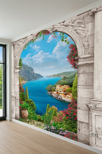 Dreamwall Antik Kabartma Sütunlu Kemer, Deniz ve Sahil Kasabası Tek Parça Tekstil Duvar Kağıdı küçük görsel 3