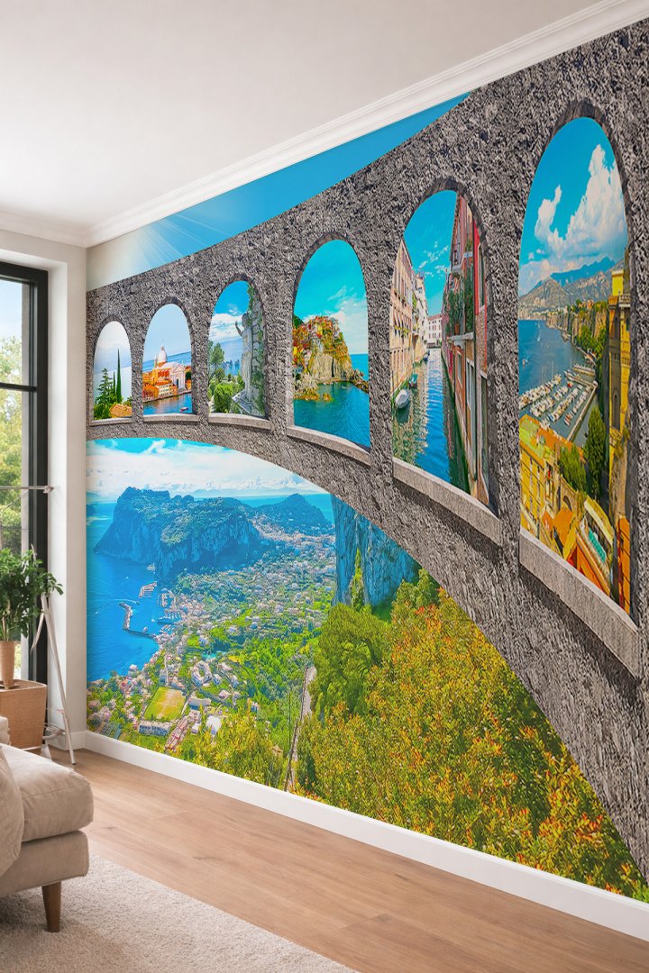 Dreamwall Antik Kemerli Akdeniz ve İtalya Manzaralı Panoramik Tekstil Duvar Kağıdı