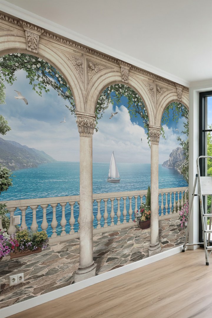 Dreamwall Antik Kemerli ve Çiçekli Teras, Yelkenli Deniz Manzaralı Tek Parça Tekstil Duvar Kağıdı