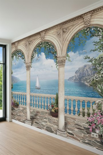 Dreamwall Antik Kemerli ve Çiçekli Teras, Yelkenli Deniz Manzaralı Tek Parça Tekstil Duvar Kağıdı küçük görsel 3