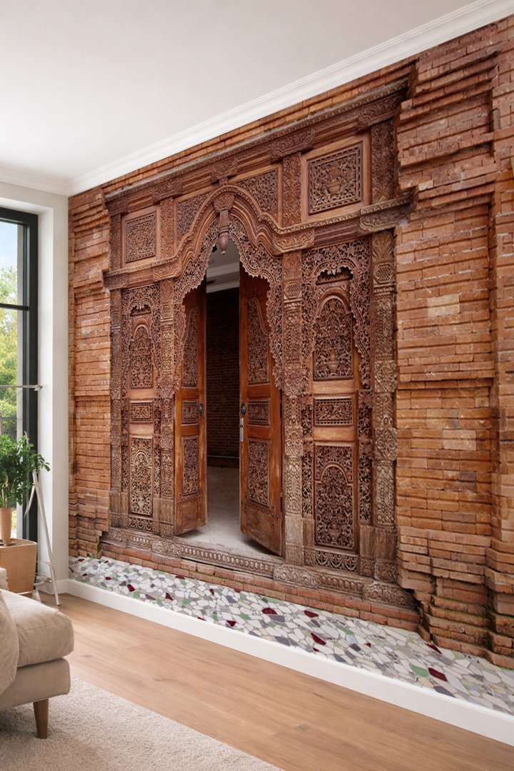 Dreamwall Antik Oyma Ahşap Kapı - Tuğla Duvar Dokulu Tek Parça Tekstil Duvar Kağıdı
