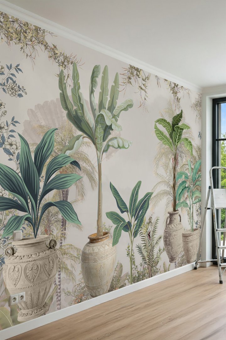 Dreamwall Antik Saksılarda Tropikal Bitkiler ve Muz Ağaçları Motifli Bohem Tek Parça Tekstil Duvar K...