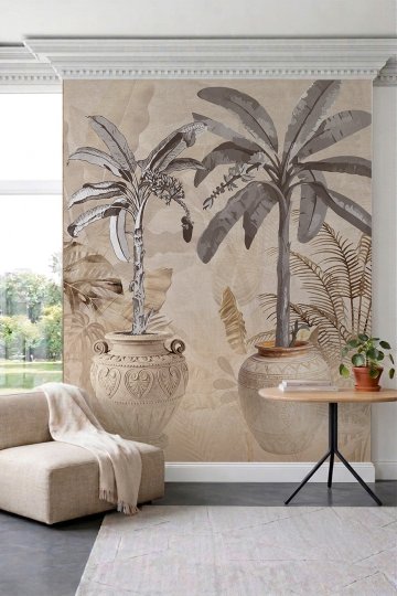 Dreamwall Antik Saksılı Muz Ağacı ve Tropikal Bitki Desenli Tek Parça Tekstil Duvar Kağıdı küçük görsel 2