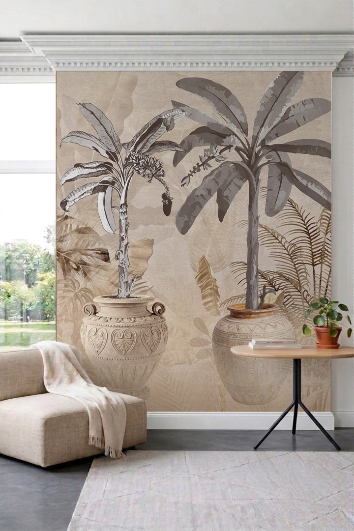 Dreamwall Antik Saksılı Muz Ağacı ve Tropikal Bitki Desenli Tek Parça Tekstil Duvar Kağıdı