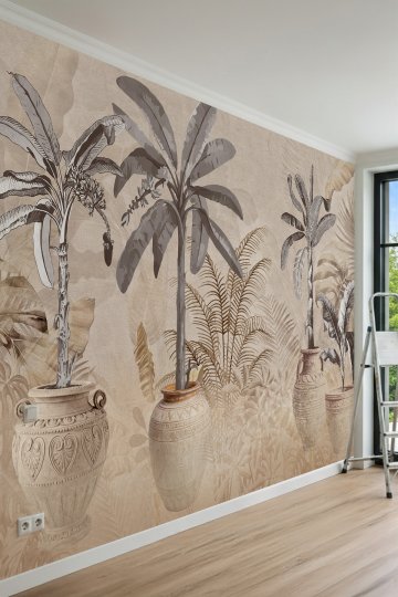Dreamwall Antik Saksılı Muz Ağacı ve Tropikal Bitki Desenli Tek Parça Tekstil Duvar Kağıdı küçük görsel 1