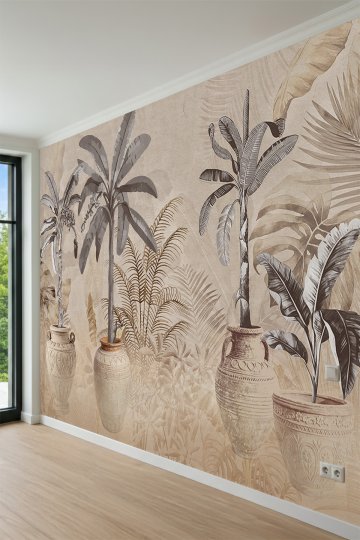 Dreamwall Antik Saksılı Muz Ağacı ve Tropikal Bitki Desenli Tek Parça Tekstil Duvar Kağıdı küçük görsel 4