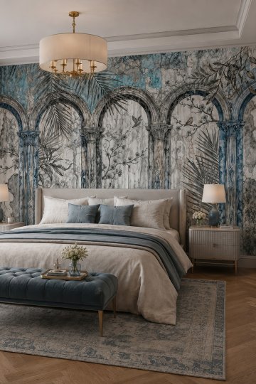 Dreamwall Antik Su Sarayı Kemerler ve Kuşlar Desenli Tek Parça Tekstil Duvar Kağıdı küçük görsel 3