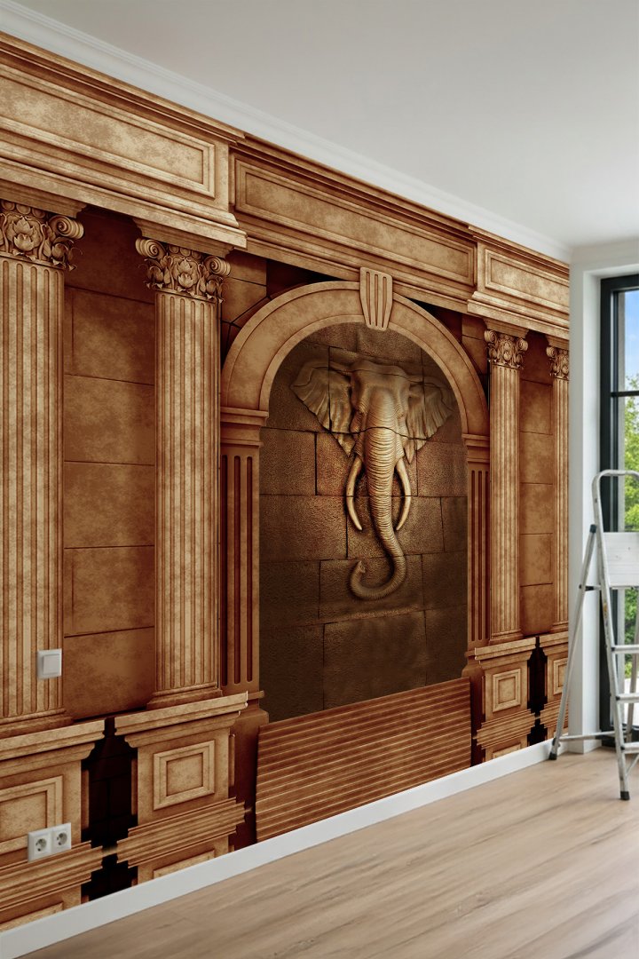 Dreamwall Antik Sütunlu, Kemerli Fil Kabartma Desenli Tek Parça Tekstil Duvar Kağıdı