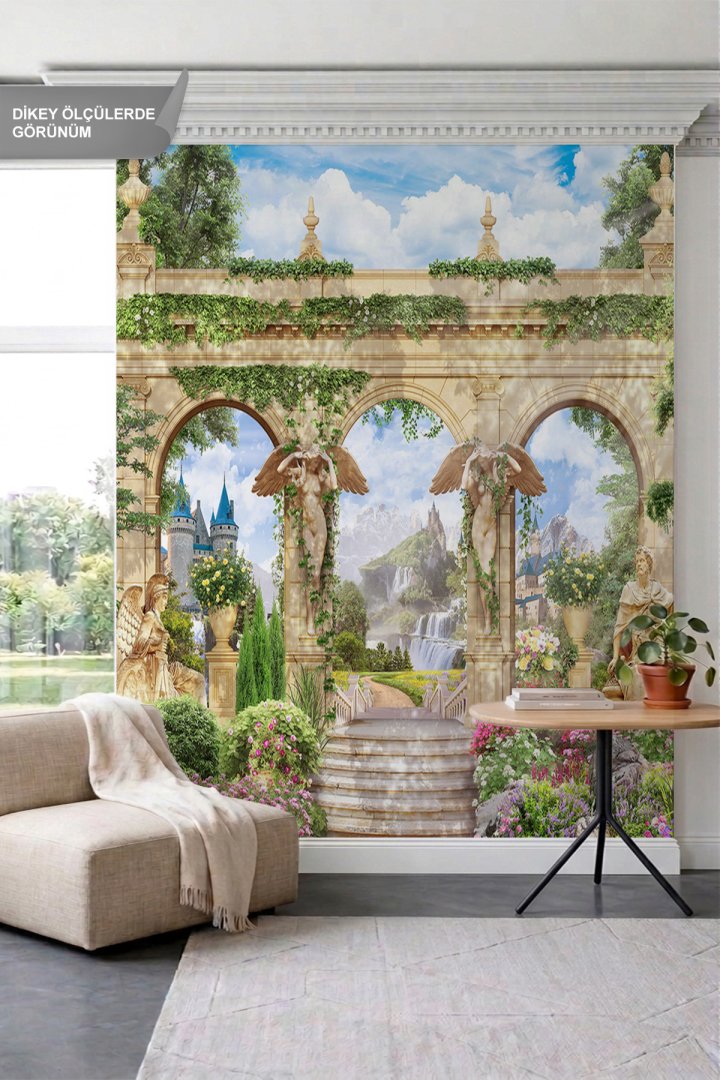 Dreamwall Antik Taş Kemerler, Masalsı Şato ve Doğa Manzaralı Tek Parça Tekstil Duvar Kağıdı