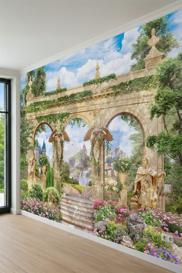 Dreamwall Antik Taş Kemerler, Masalsı Şato ve Doğa Manzaralı Tek Parça Tekstil Duvar Kağıdı küçük görsel 4