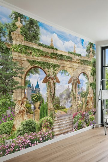 Dreamwall Antik Taş Kemerler, Masalsı Şato ve Doğa Manzaralı Tek Parça Tekstil Duvar Kağıdı küçük görsel 2