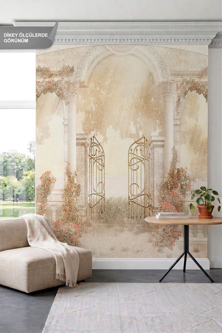 Dreamwall Antik Taş Kemerler, Sarmaşık Güller ve Eskitme Manzaralı Tek Parça Tekstil Duvar Kağıdı