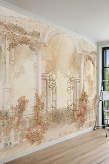 Dreamwall Antik Taş Kemerler, Sarmaşık Güller ve Eskitme Manzaralı Tek Parça Tekstil Duvar Kağıdı küçük görsel 2