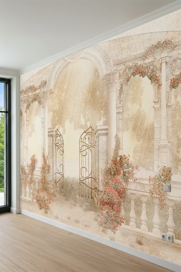Dreamwall Antik Taş Kemerler, Sarmaşık Güller ve Eskitme Manzaralı Tek Parça Tekstil Duvar Kağıdı küçük görsel 3