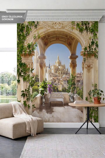 Dreamwall Antik Taş Kemerli Balkon, Sarmaşıklar ve Tarihi Katedral Manzaralı Tek Parça Tekstil Duvar...