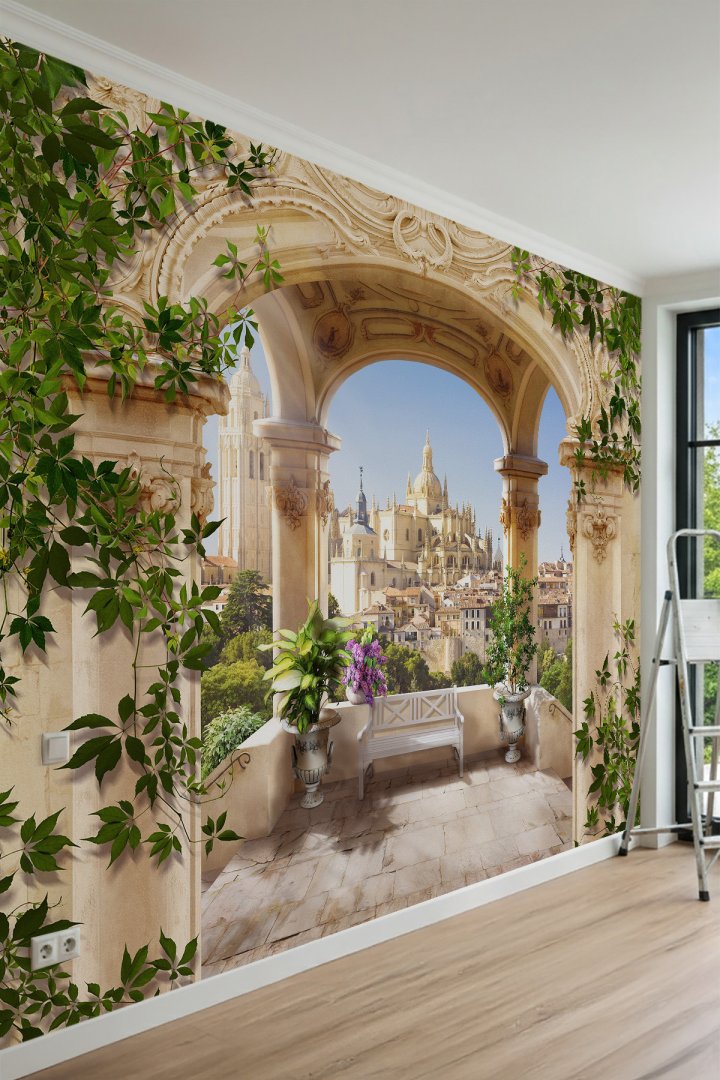 Dreamwall Antik Taş Kemerli Balkon, Sarmaşıklar ve Tarihi Katedral Manzaralı Tek Parça Tekstil Duvar...
