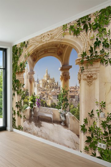 Dreamwall Antik Taş Kemerli Balkon, Sarmaşıklar ve Tarihi Katedral Manzaralı Tek Parça Tekstil Duvar Kağıdı küçük görsel 3