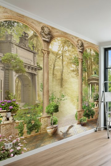 Dreamwall Antik Taş Kemerli Teras, Sütunlar ve Çardak Manzaralı Tek Parça Tekstil Duvar Kağıdı
