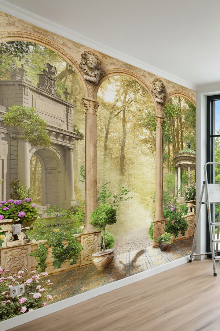 Dreamwall Antik Taş Kemerli Teras, Sütunlar ve Çardak Manzaralı Tek Parça Tekstil Duvar Kağıdı