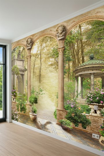 Dreamwall Antik Taş Kemerli Teras, Sütunlar ve Çardak Manzaralı Tek Parça Tekstil Duvar Kağıdı küçük görsel 3