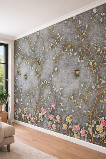 Dreamwall Antrasit- Chinoiserie Bahçesi - Kuş ve Çiçek Temalı Tek Parça Tekstil Duvar Kağıdı