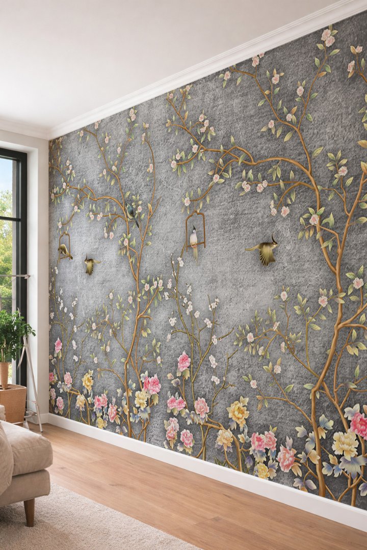 Dreamwall Antrasit- Chinoiserie Bahçesi - Kuş ve Çiçek Temalı Tek Parça Tekstil Duvar Kağıdı