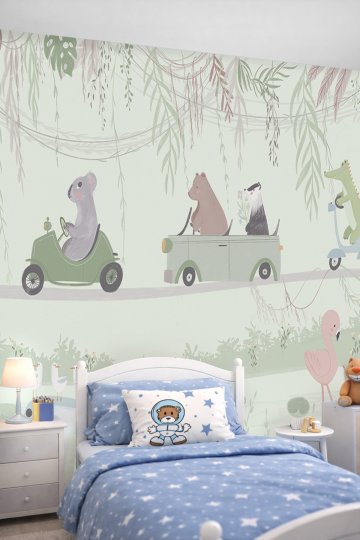 Dreamwall Araç Kullanan Sevimli Hayvanlar Tek Parça Tekstil Duvar Kağıdı - Macera Ormanı