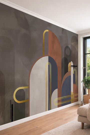 Dreamwall Art Deco Esintili Geometrik Kemerli ve Altın Çizgi Detaylı Tekstil Duvar Kağıdı