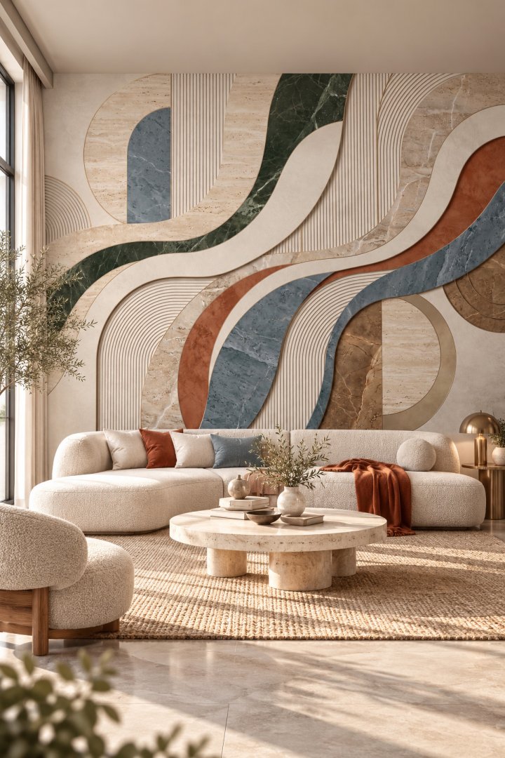 Dreamwall Arvena Akışı- Geometrik Dalgalı Mermer Desenli Tek Parça Tekstil Duvar Kağıdı 