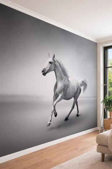 Dreamwall Asil At İllüstrasyonu - Siyah Beyaz Temalı Tek Parça Tekstil Duvar Kağıdı