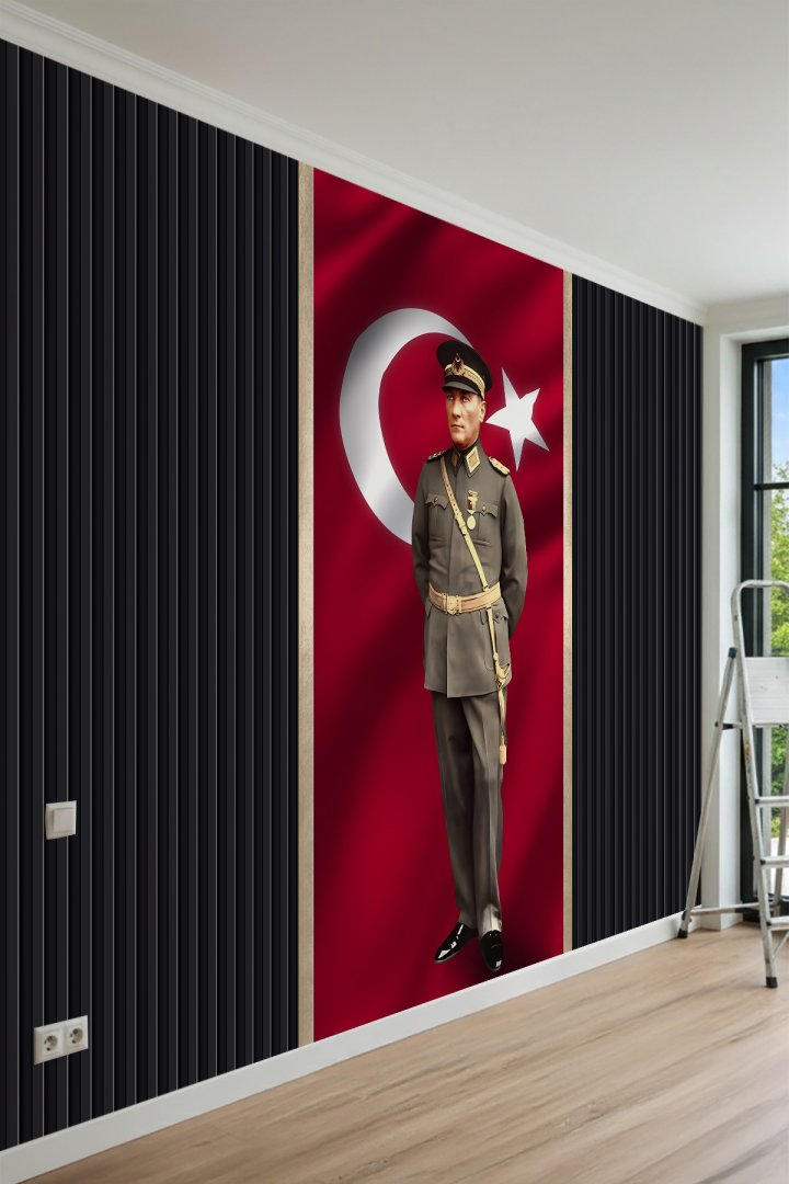 Dreamwall Askeri Üniformalı Atatürk Portresi ve Türk Bayrağı Desenli Tek Parça Tekstil Duvar Kağıdı